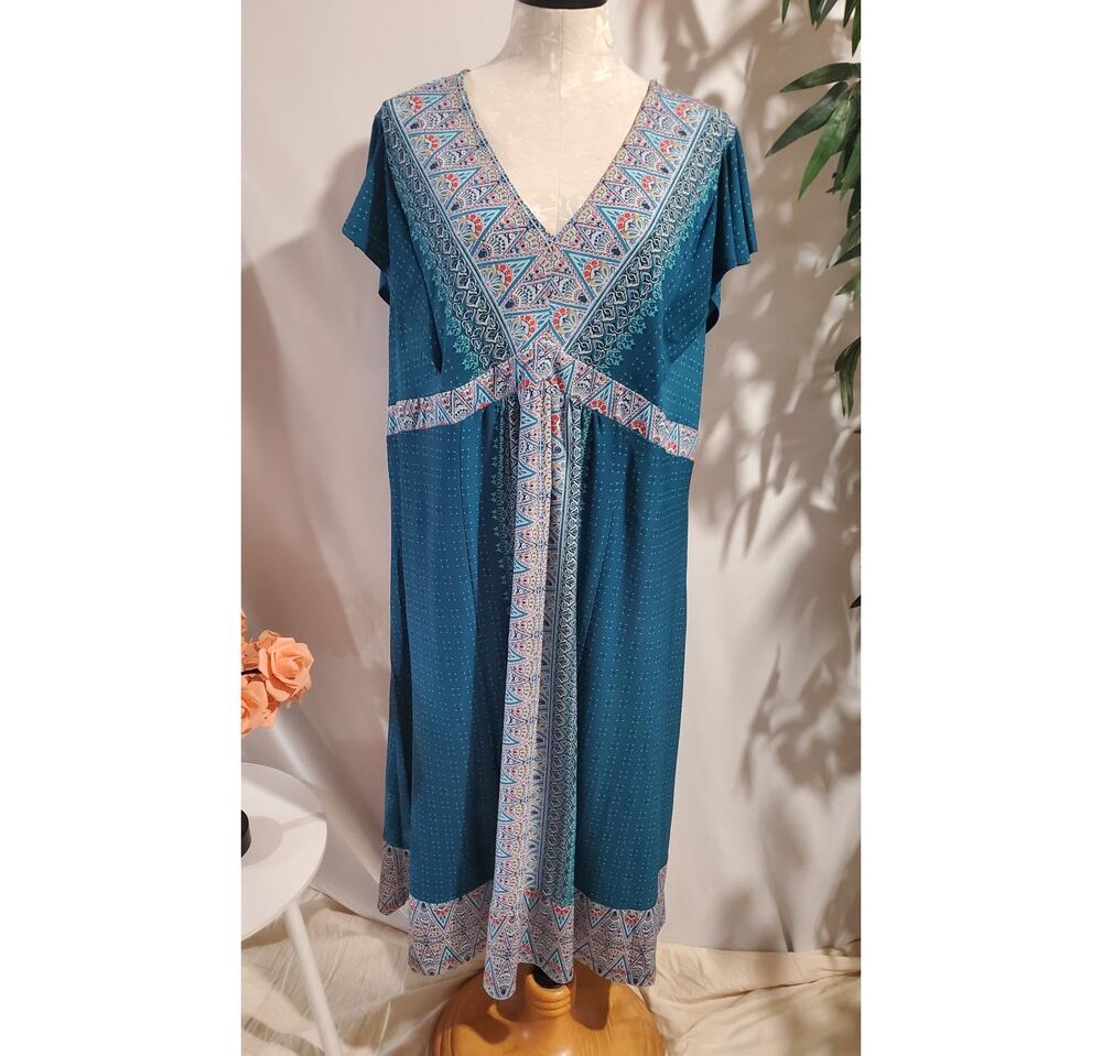 One World V-Neck Cap Sleeve Dress Sz 2X Hippie Boho Paisley Blue Stretch Casual